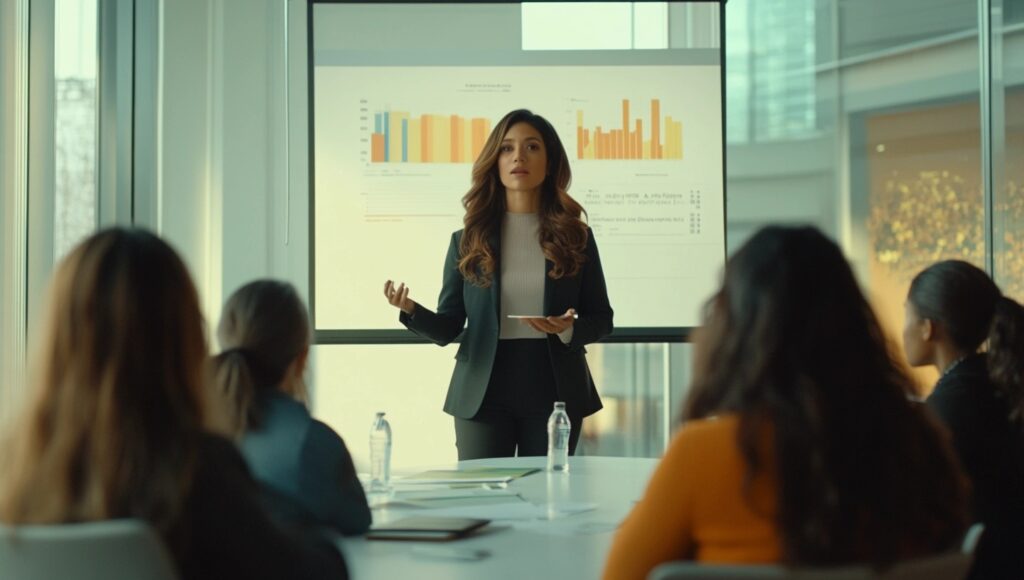 A woman in business attire presents a bar graph on a screen to a group seated around a conference table in a modern office setting.