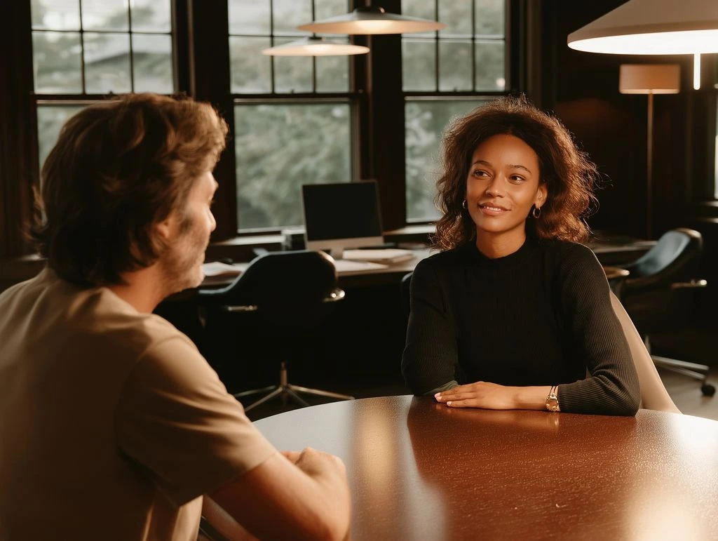 Two people sit at a round table in an office, having a conversation. Computers and chairs are visible in the background near large windows.