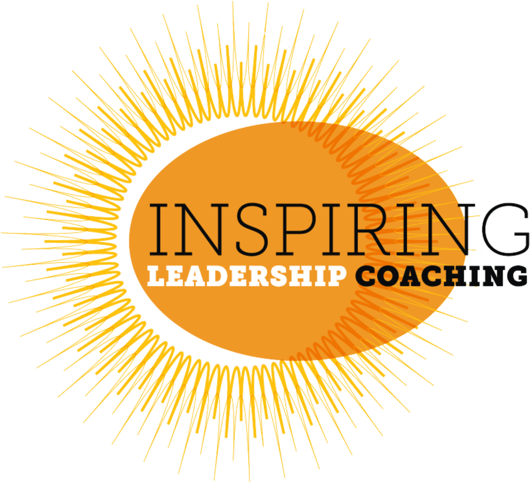 An orange oval with radiating yellow lines contains the text "Inspiring Leadership Coaching" in bold black and orange letters.