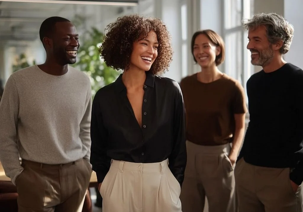 Four adults, two men and two women, stand indoors in business casual attire, smiling and talking in a brightly lit office setting.